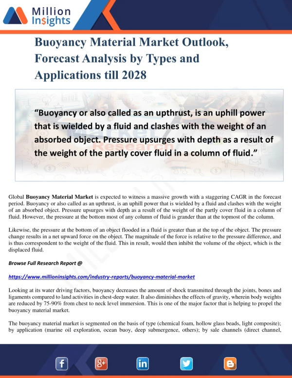 Buoyancy Material Market Outlook, Forecast Analysis by Types and Applications till 2028