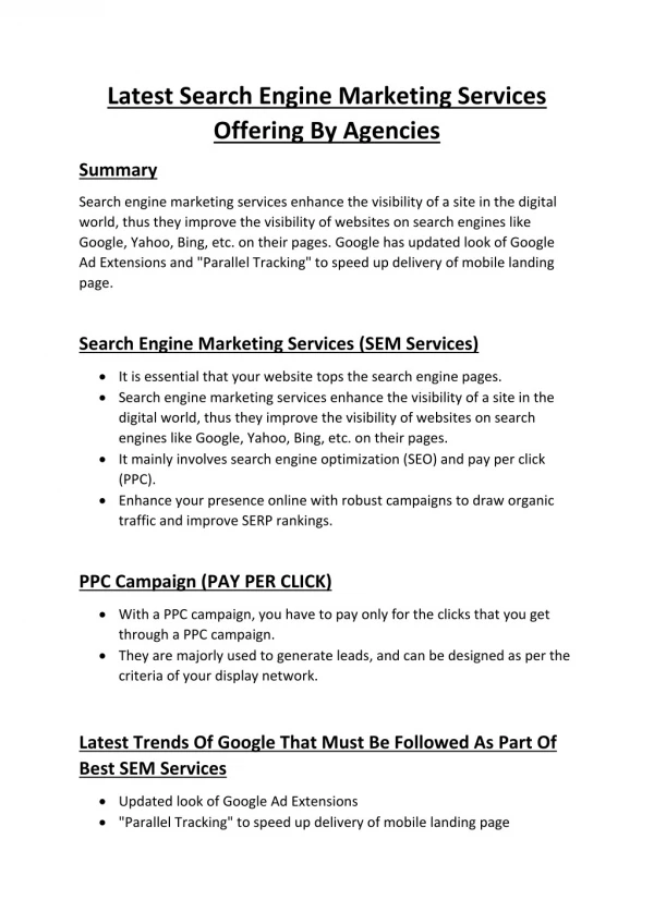 Latest Search Engine Marketing Services Offering By Agencies