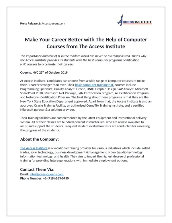 Make your career better with the help of computer courses from the Access Institute