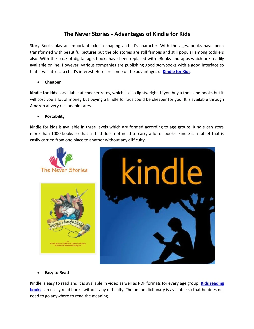 the never stories advantages of kindle for kids