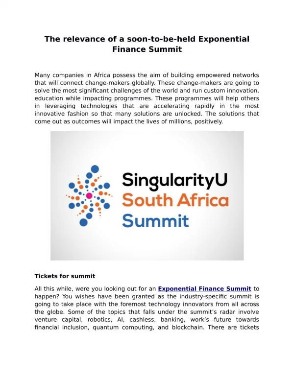 The relevance of a soon-to-be-held Exponential Finance Summit