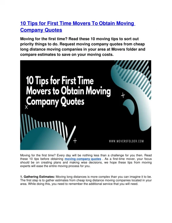 10 Tips For First Time Movers To Obtain Moving Company Quotes