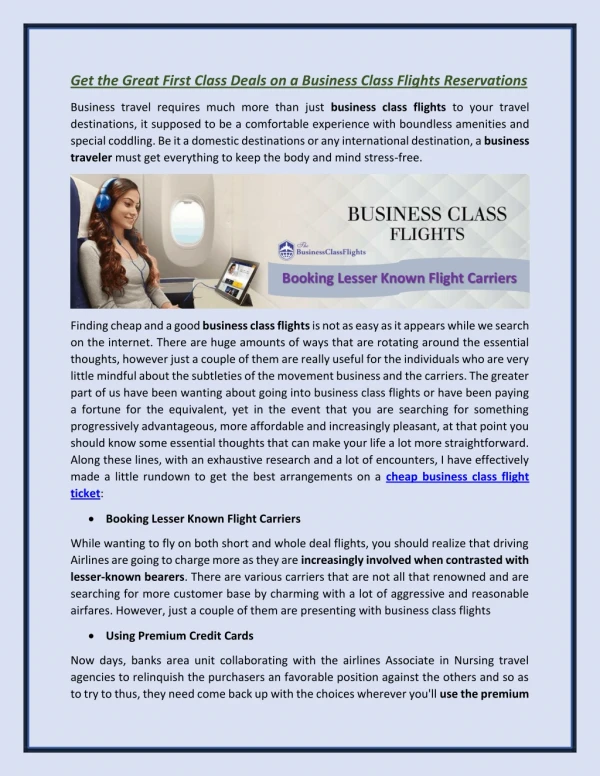 Get the Great First Class Deals on a Business Class Flights Reservations