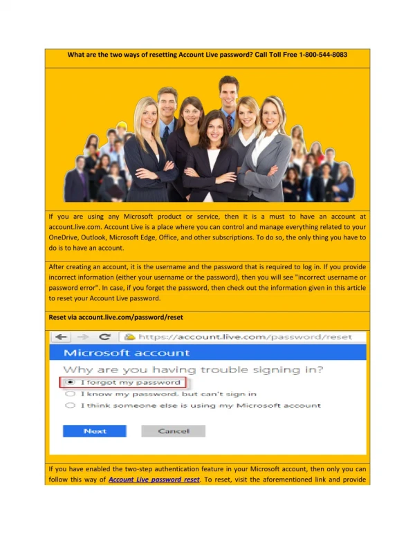 What are the two ways of resetting Account Live password? Call Toll Free 1-800-544-8083