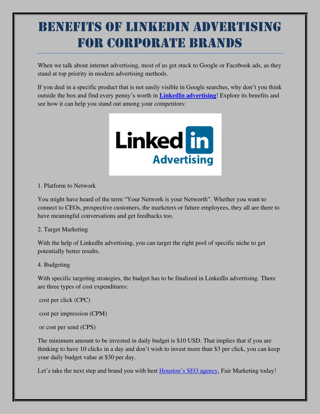 benefits of linkedin advertising for corporate