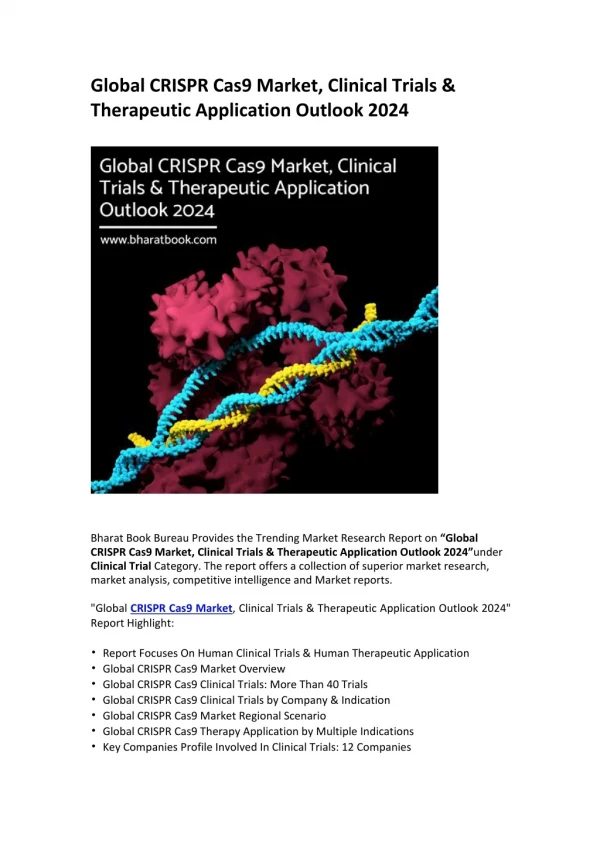 Global CRISPR Cas9 Market, Clinical Trials & Therapeutic Application Outlook 2024