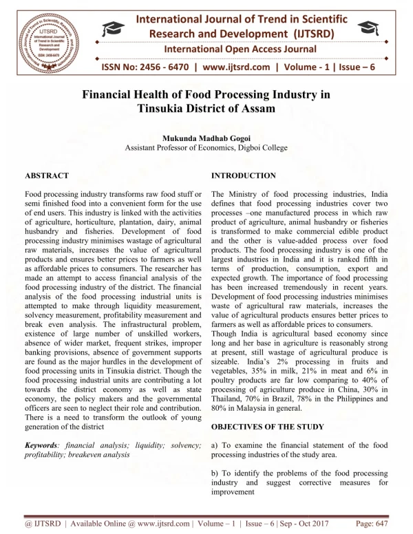Financial Health of Food Processing Industry in Tinsukia District of Assam