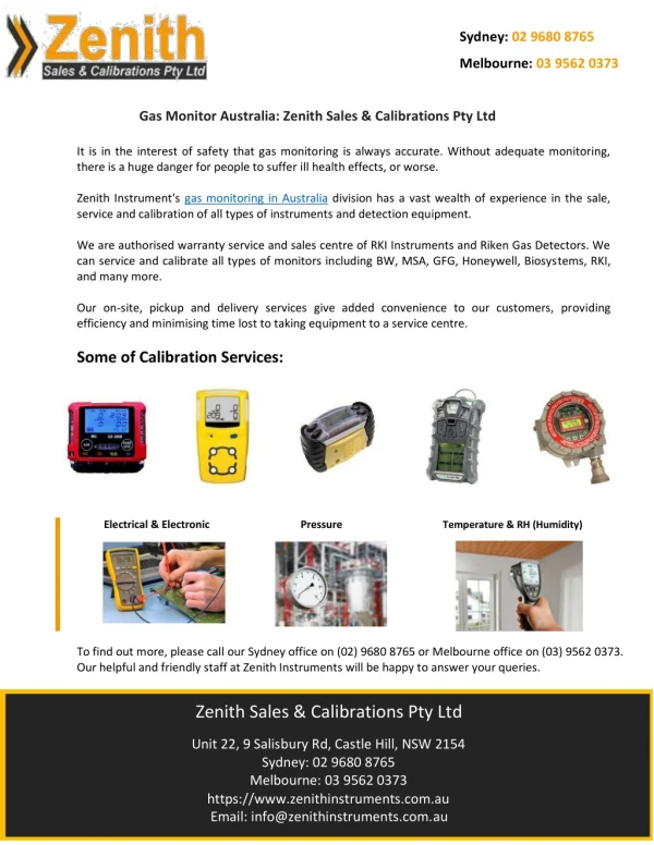 Gas Monitor Australia: Zenith Sales & Calibrations Pty Ltd