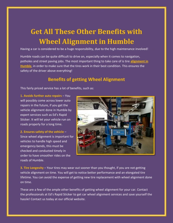 Get All These Other Benefits with Wheel Alignment in Humble