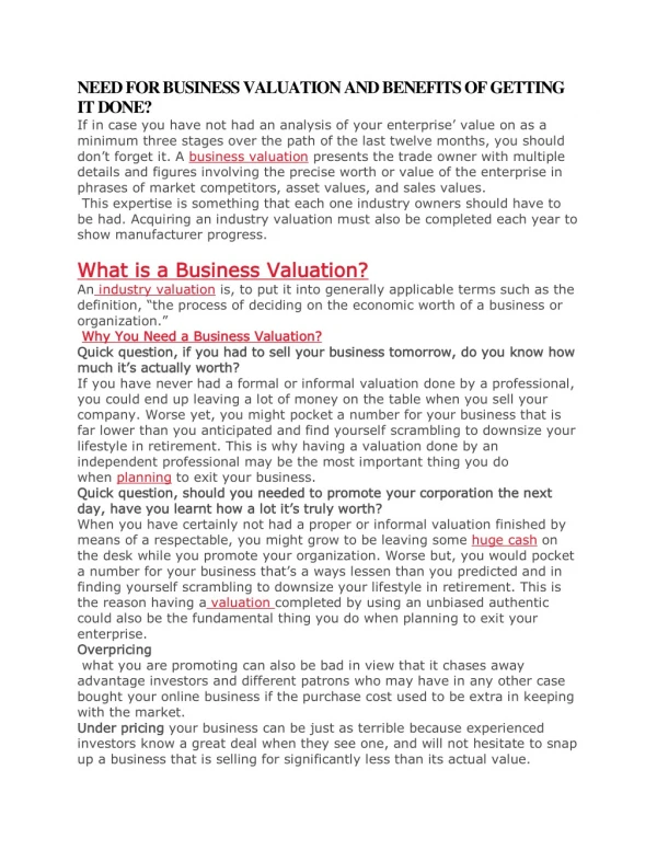 NEED FOR BUSINESS VALUATION AND BENEFITS OF GETTING IT DONE?