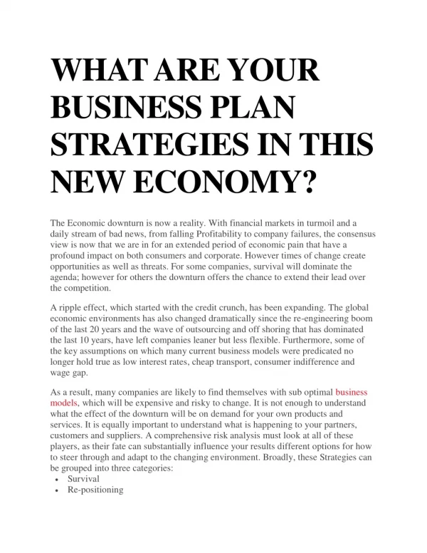 WHAT ARE YOUR BUSINESS PLAN STRATEGIES IN THIS NEW ECONOMY?