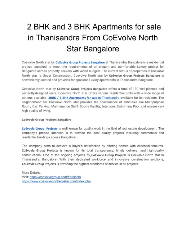 2 BHK and 3 BHK Apartments for sale in Thanisandra From CoEvolve North Star Bangalore