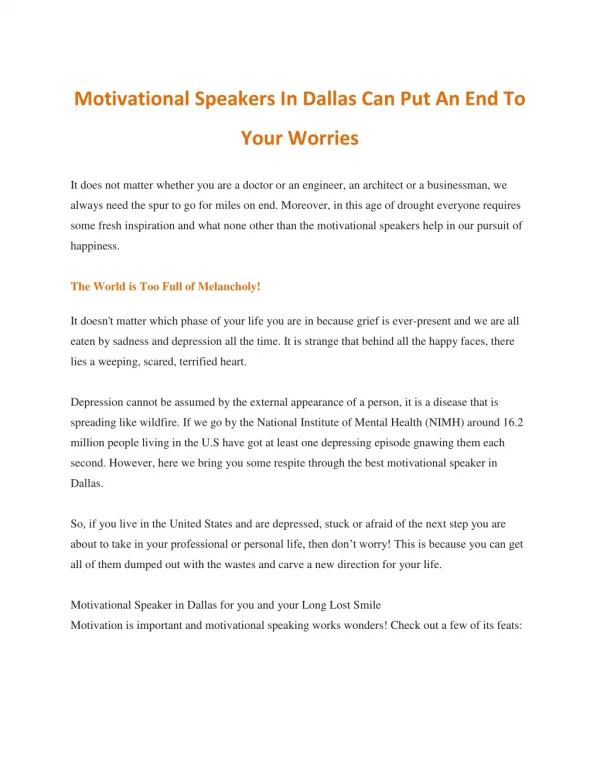 Motivational Speakers In Dallas Can Put An End To Your Worries