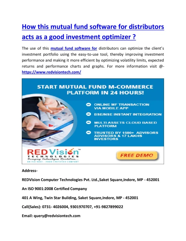 How this mutual fund software for distributors acts as a good investment optimizer ?