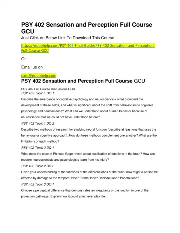 PSY 402 Sensation and Perception Full Course GCU