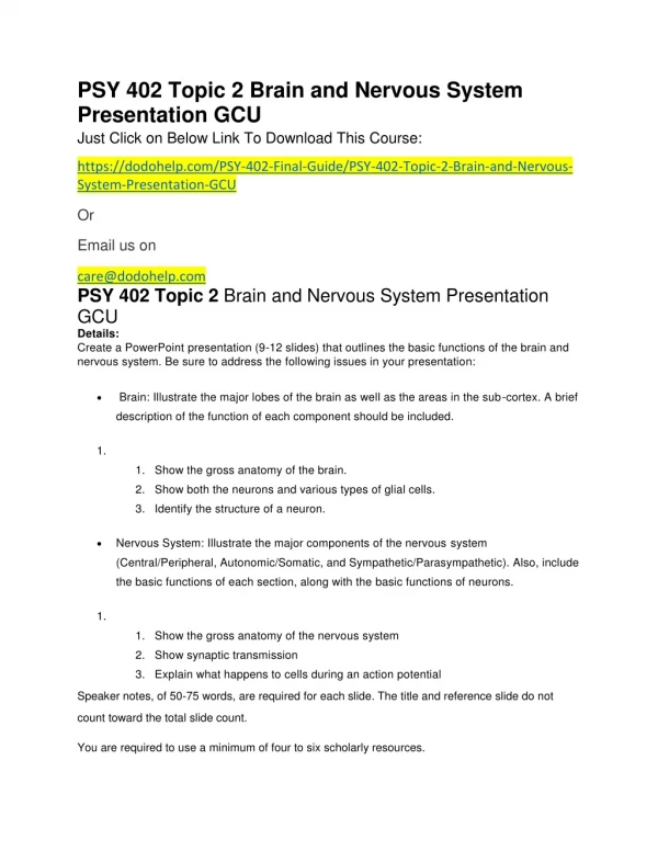 PSY 402 Topic 2 Brain and Nervous System Presentation GCU