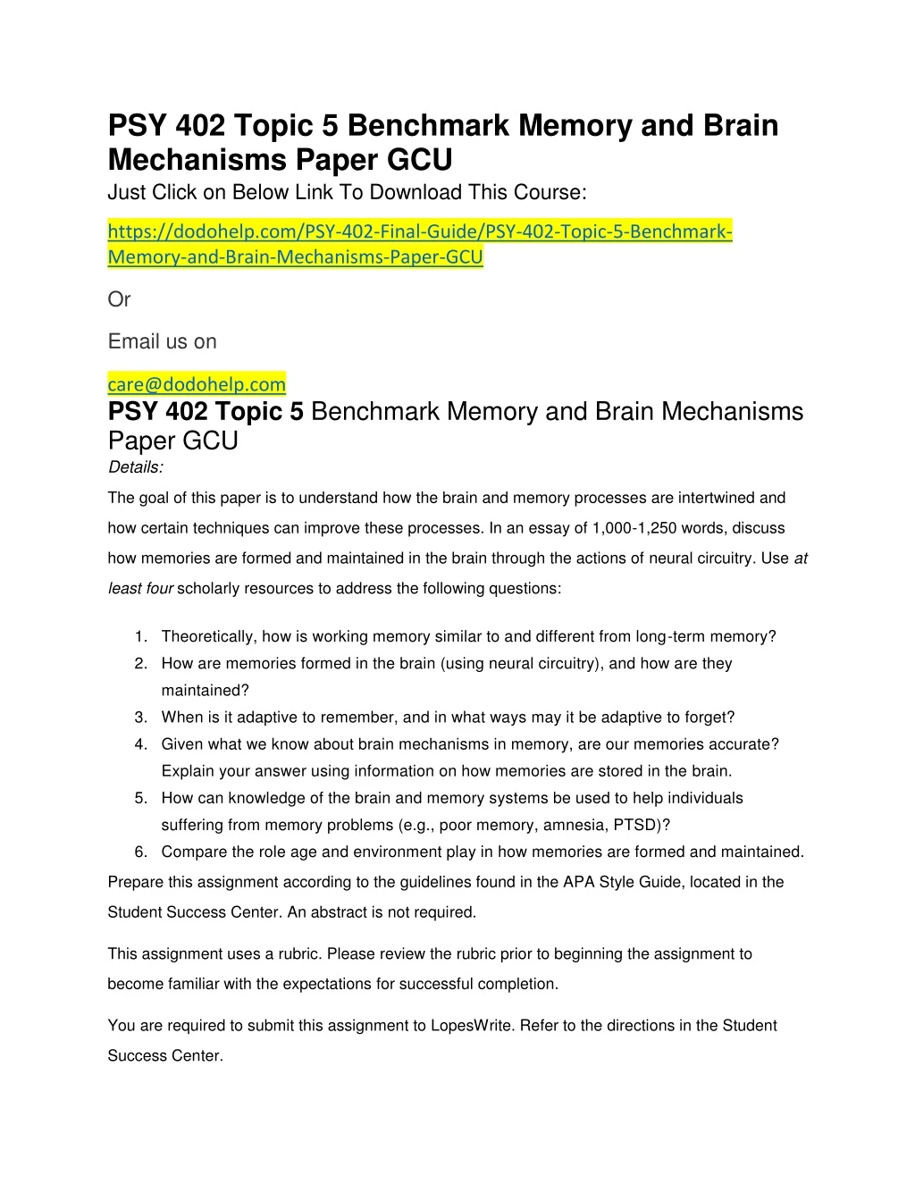 psy 402 topic 5 benchmark memory and brain