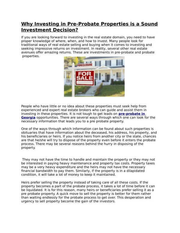 Why Investing in Pre-Probate Properties is a Sound Investment Decision?