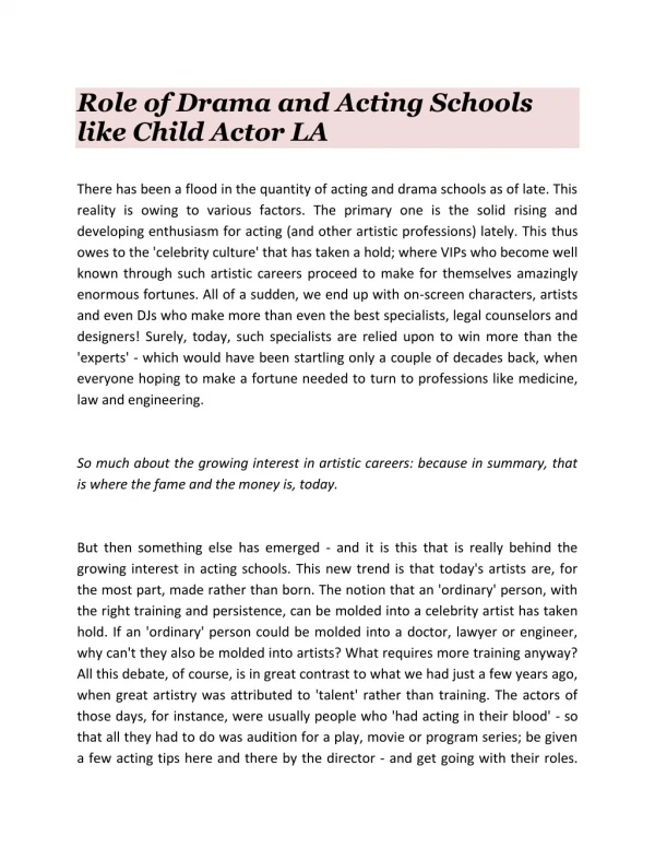 Role of Drama and Acting Schools like Child Actor LA