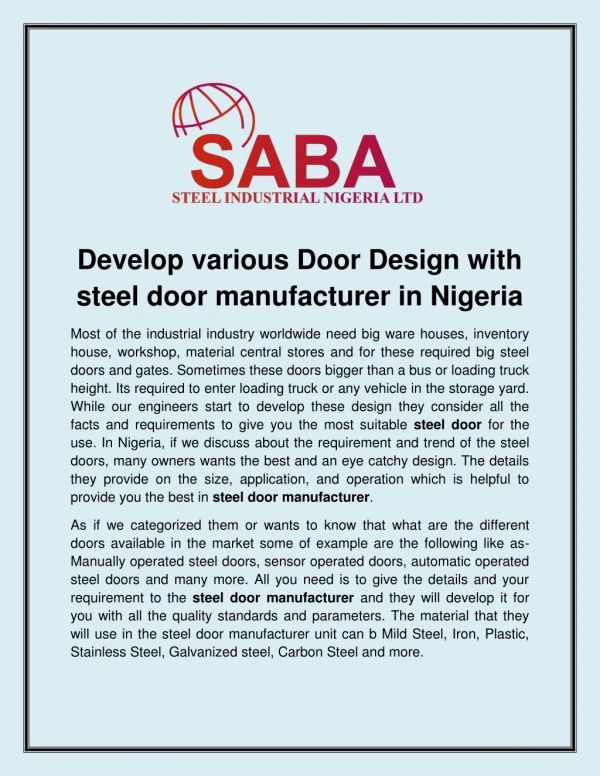 Develop kind various Door Design with steel door manufacturer in Nigeria