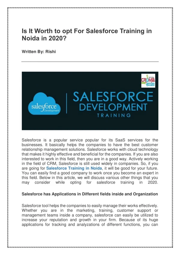 Is It Worth To Opt For Salesforce Training In Noida In 2020?