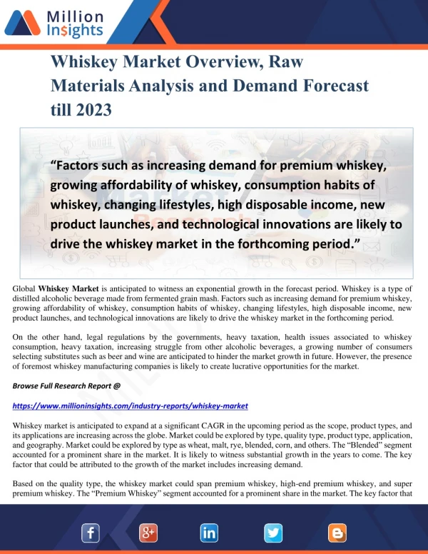 Whiskey Market Overview, Raw Materials Analysis and Demand Forecast till 2023