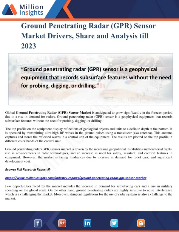 Ground Penetrating Radar (GPR) Sensor Market Drivers, Share and Analysis till 2023