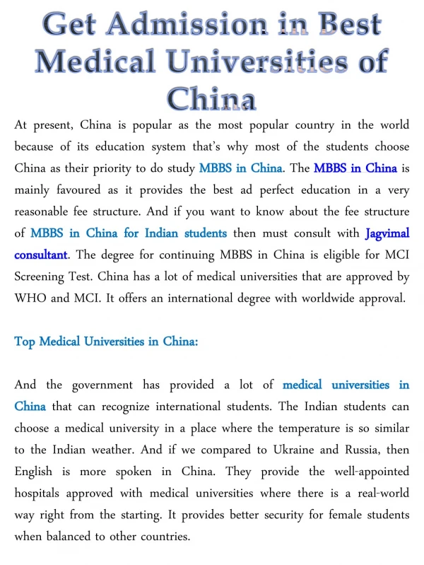 Get Admission in Best Medical Universities of China