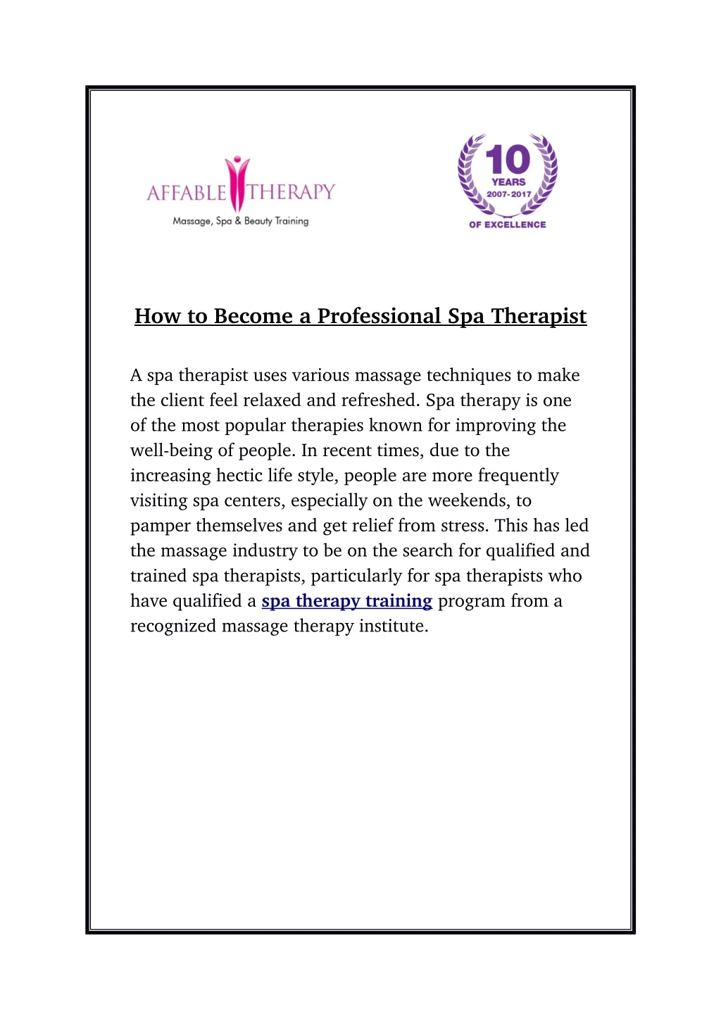 how to become a professional spa therapist