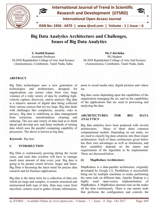 Big Data Analytics Architecture and Challenges, Issues of Big Data Analytics