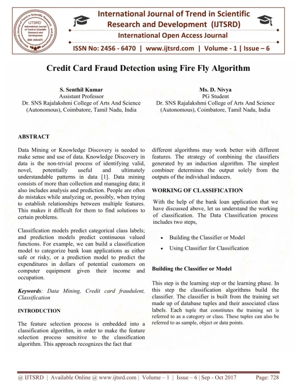 Credit Card Fraud Detection using Fire Fly Algorithm
