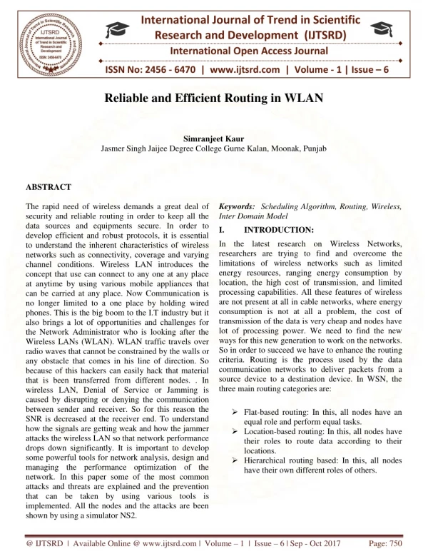 Reliable and Efficient Routing in WLAN