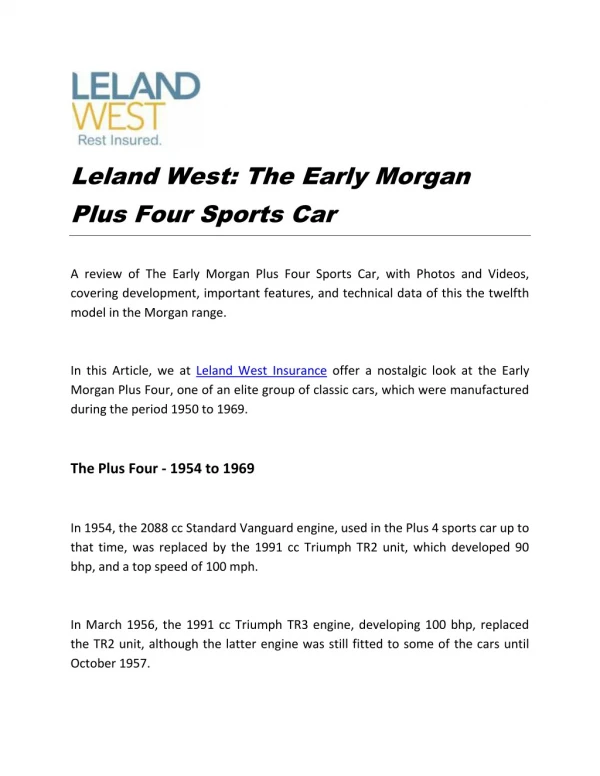 Leland West: The Early Morgan Plus Four Sports Car