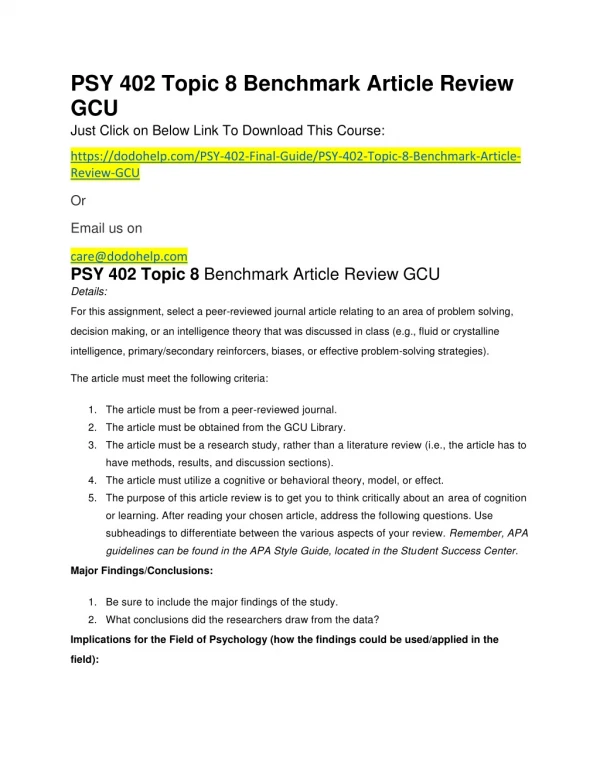 PSY 402 Topic 8 Benchmark Article Review GCU