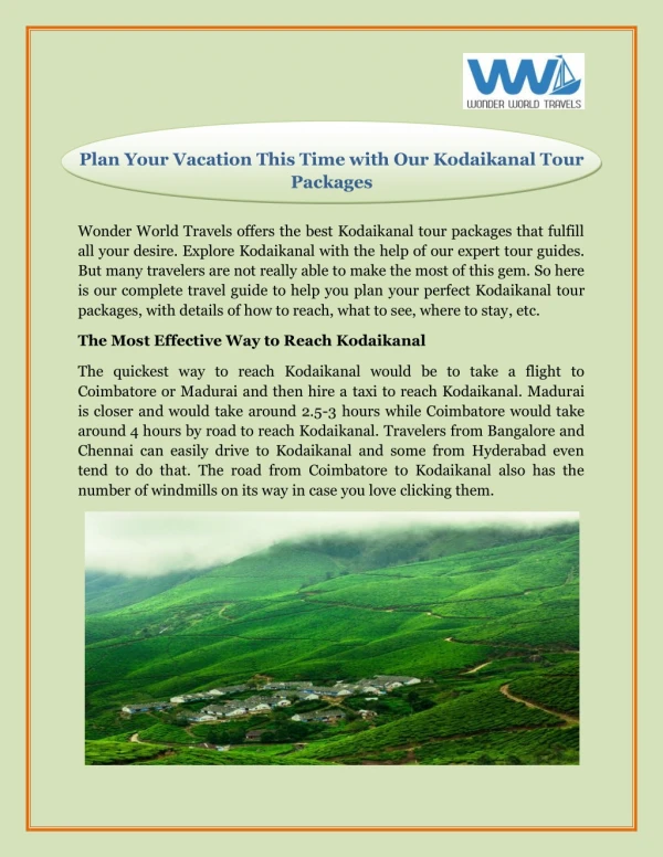 Plan Your Vacation This Time with Our Kodaikanal Tour Packages