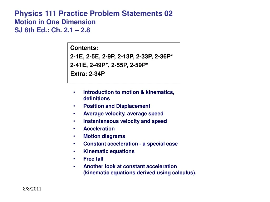 physics 111 practice problem statements 02 motion in one dimension sj 8th ed ch 2 1 2 8
