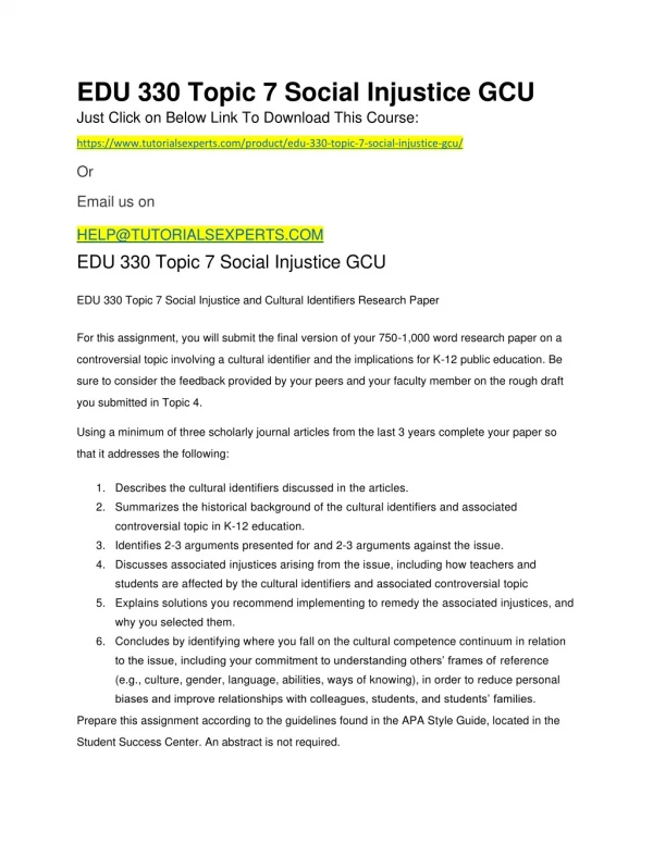 edu 330 topic 7 social injustice gcu just click