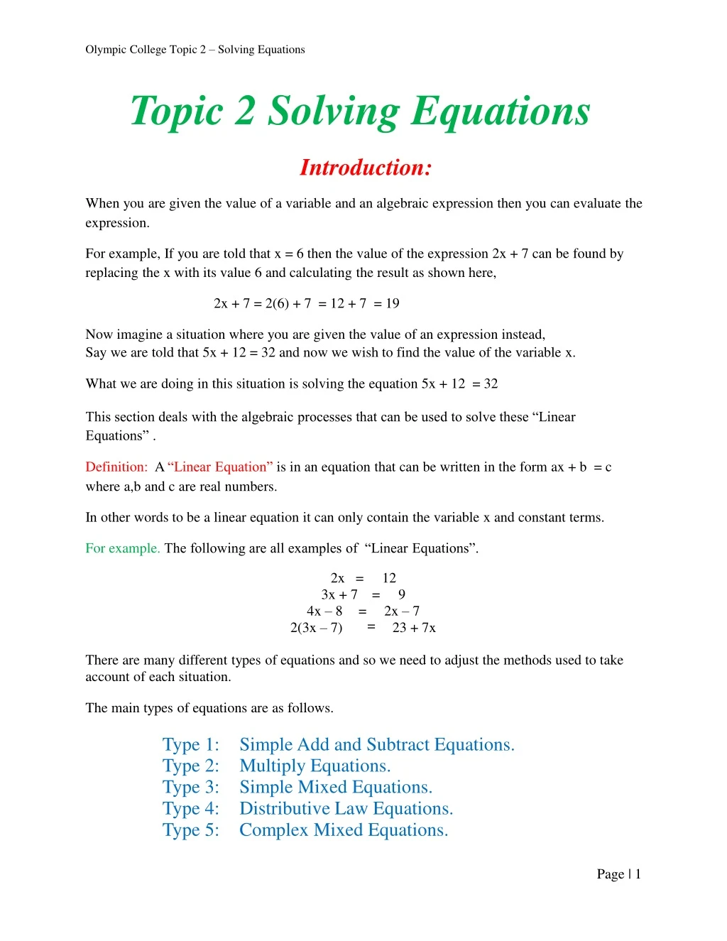 olympic college topic 2 solving equations topic