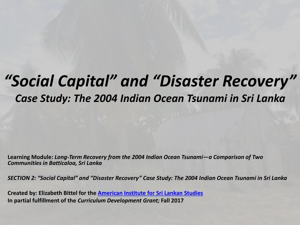 social capital and disaster recovery case study the 2004 indian ocean tsunami in sri lanka