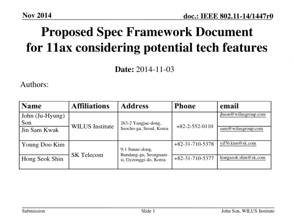 Proposed Spec Framework Document for 11ax considering potential tech features