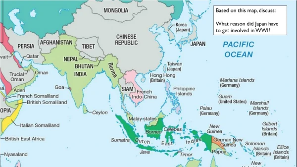 Based on this map, discuss: What reason did Japan have to get involved in WWI?