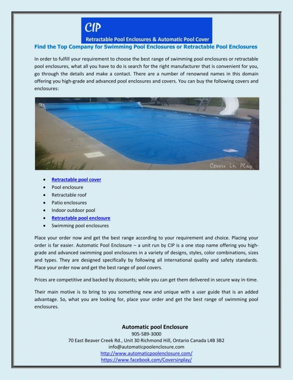 Find the Top Company for Swimming Pool Enclosures or Retractable Pool Enclosures