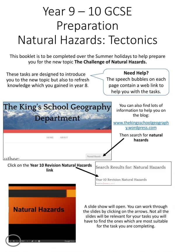 Year 9 – 10 GCSE Preparation Natural Hazards: Tectonics