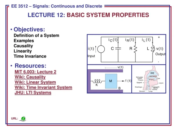 Objectives: Definition of a System Examples Causality Linearity Time Invariance