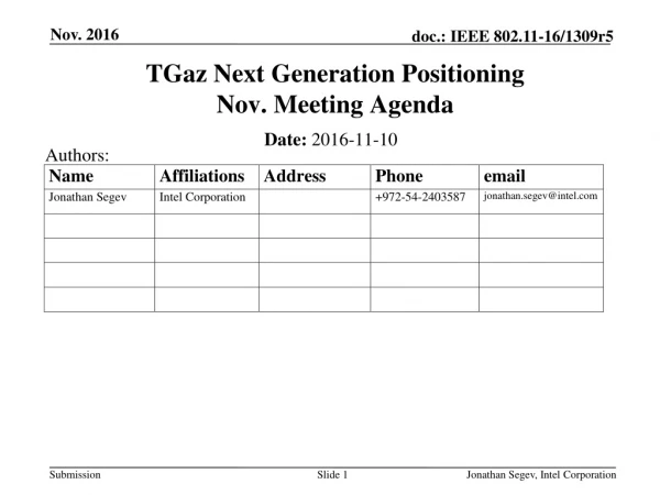 TGaz Next Generation Positioning Nov. Meeting Agenda