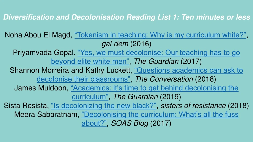 diversification and decolonisation reading list