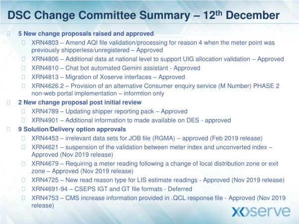 DSC Change Committee Summary – 12 th December