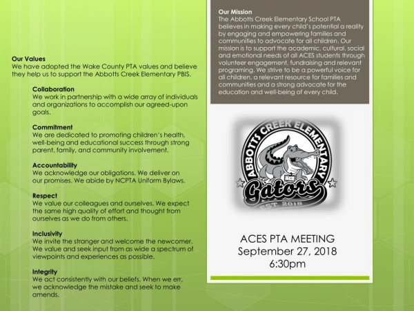 ACES PTA MEETING September 27, 2018 6:30pm