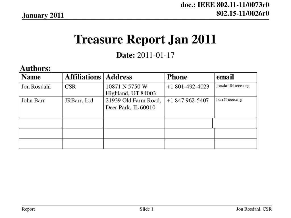 treasure report jan 2011