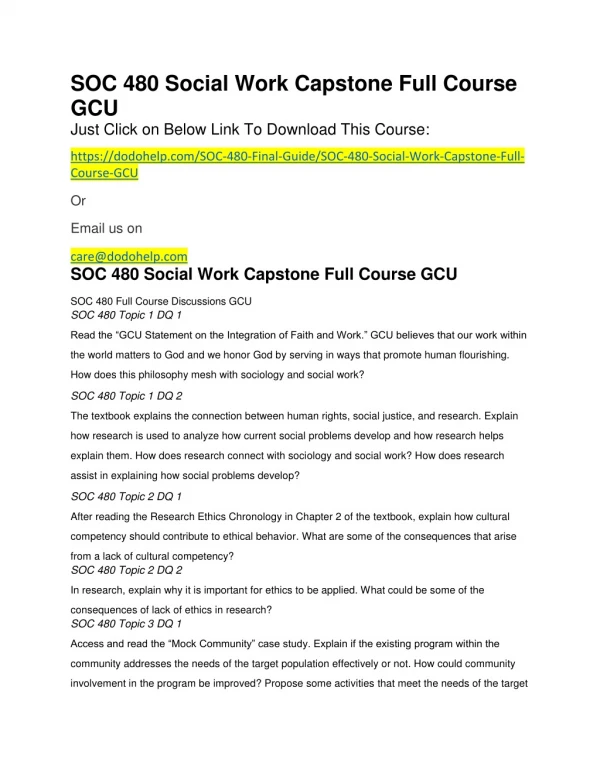 SOC 480 Social Work Capstone Full Course GCU